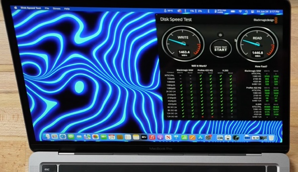 Hình ảnh bài kiểm tra tốc độ đọc/ghi trên ổ nhớ SSD giữa MacBook Pro M1 Pro và MacBook Pro M2 Pro